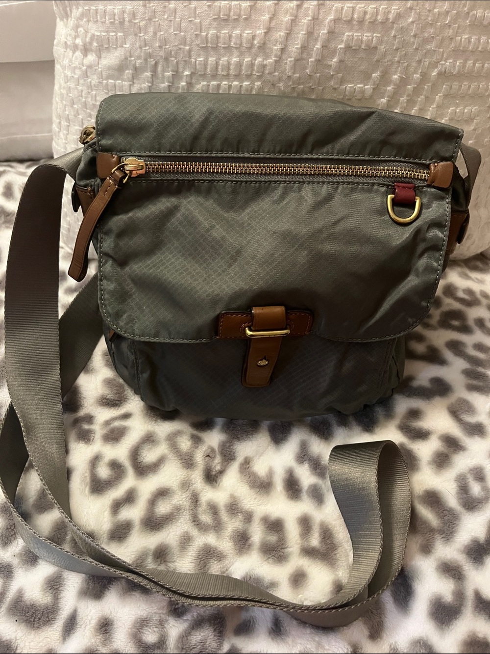 Tumi Grey Crossbody Bag with Brown Leather Trim